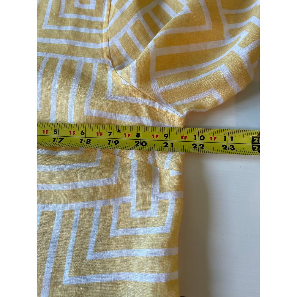 Chico’s 100% Linen No Iron Top Sz L 12/14 Yellow White Geometric Preppy - Picture 9 of 10